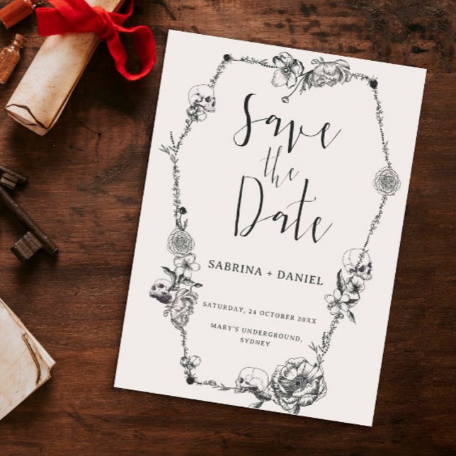 Invitación Flores floridas de mano gótica Skull Salven la fec (Subido por el creador)