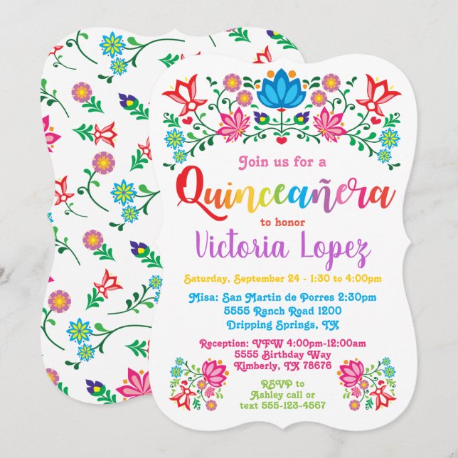 Invitación Flores folclóricas de la fiesta de cumpleaños de Q (Anverso / Reverso)