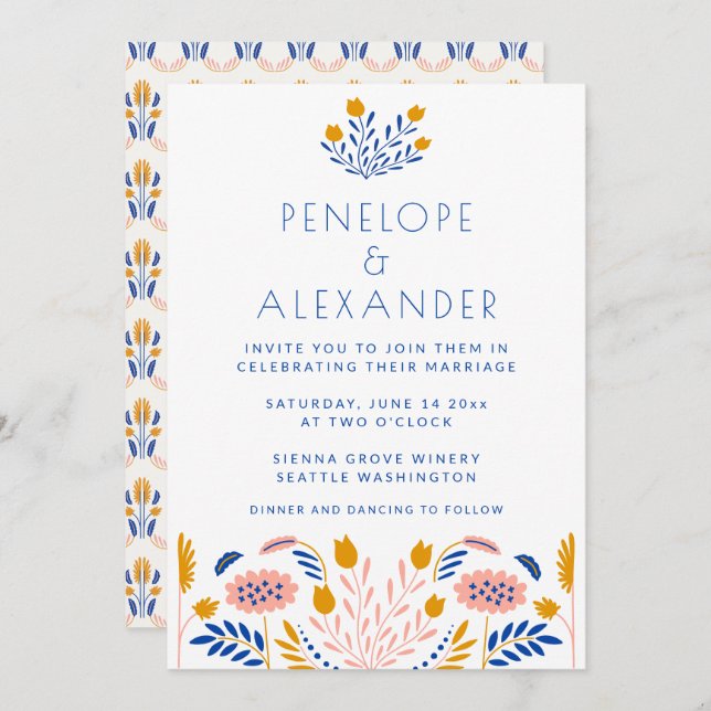 Invitación Flores folclóricas escandalosas en Boda azul y ama (Anverso / Reverso)