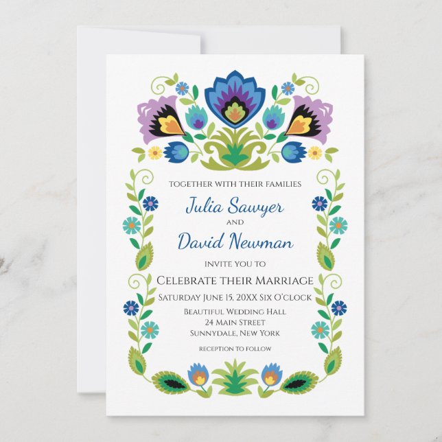 Invitación Flores folclóricas polacas Lavanda azul (Anverso)