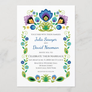 Invitación Flores Folclóricas Polacas Lavanda Azul