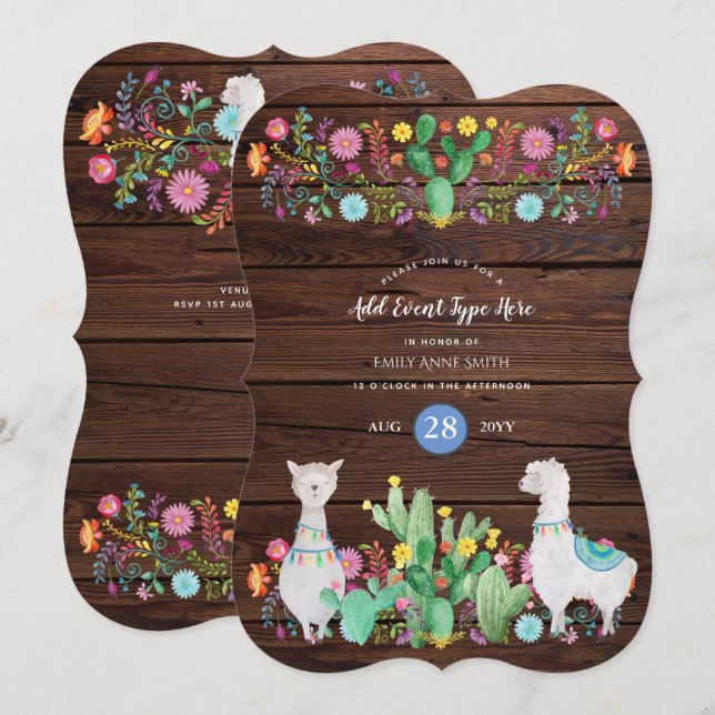 Invitación Flores folclóricas rusticas de llama a CUALQUIER E (Anverso / Reverso)