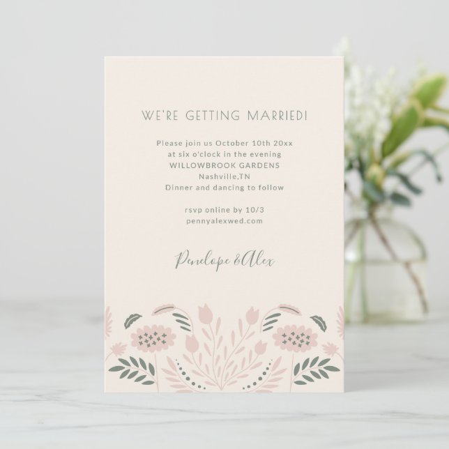 Invitación Flores Folk Escandinavas Simples Bodas Rosa Claro  (Anverso de pie)