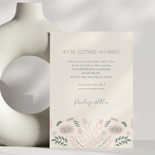 Invitación Flores Folk Escandinavas Simples Bodas Rosa Claro