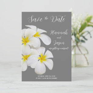 Invitación Flores Frangipani blancas, gris medio, fecha de ah