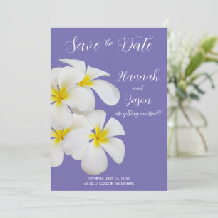 Invitación Flores Frangipani blancas, Periwinkle, fecha de ah