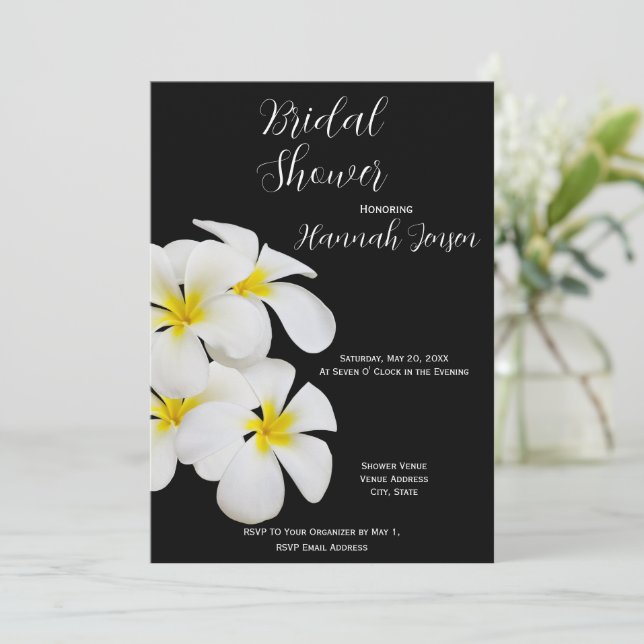 Invitación Flores frangipani blancas, tropical, floral, novia (Anverso de pie)