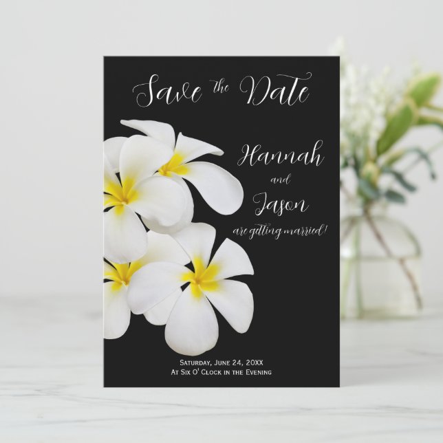 Invitación Flores frangipani blancas, tropical, salva la fech (Anverso de pie)