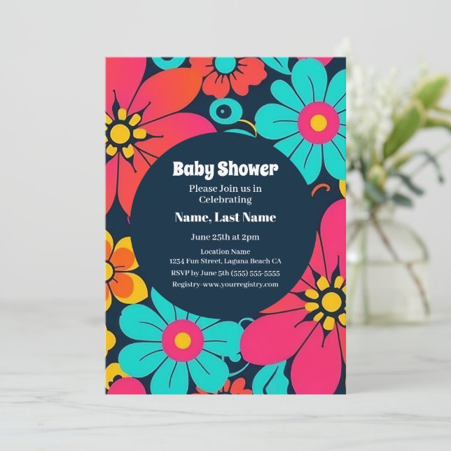 Invitación Flores Funky Brillantes-Retro-Estilo Dopamina (Anverso de pie)