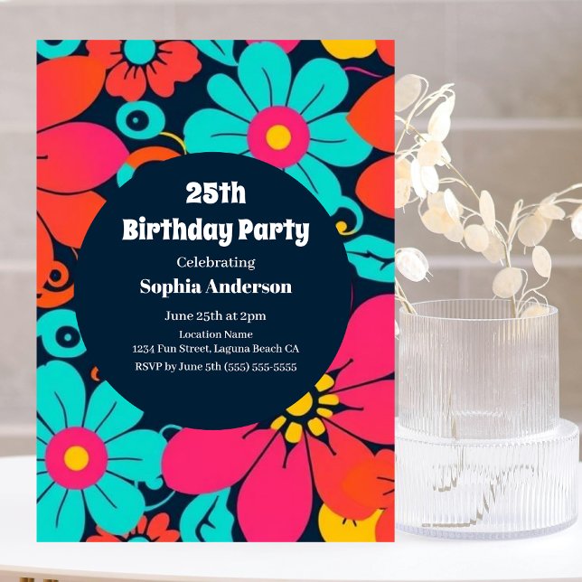 Invitación Flores Funky Brillantes-Retro-Estilo Dopamina (Bright Funky Flowers-Retro- Dopamine Style Invitation)