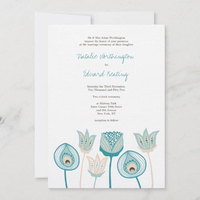 Invitación Flores funky de marfil azul turquesa boda (Anverso)