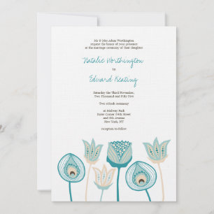Invitación Flores funky de marfil azul turquesa boda