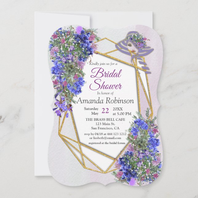Invitación Flores Geométricas de Oro y Lavanda Ducha Bridal (Anverso)