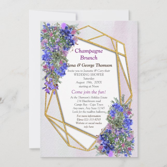 Invitación Flores Geométricas de Oro y Lavanda Ducha Pareja (Anverso)