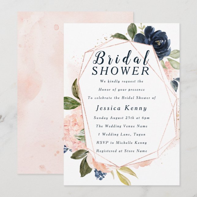 Invitación Flores geométricas de Rubor y Marina Ducha Bridal (Anverso / Reverso)