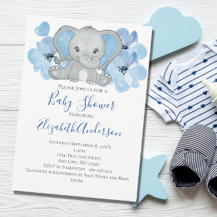 Invitación Flores Globo Aerostático Elefante Niño Azul Fiesta