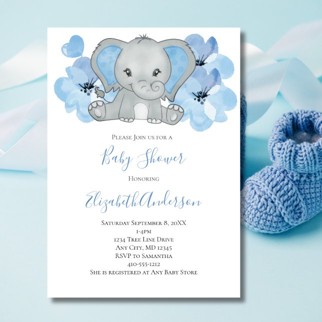 Invitación Flores Globo Aerostático Elefante Niño Azul Fiesta (Baby Boy Blue Elephant Baby Shower Invitation. Printed or Instant Digital Download)