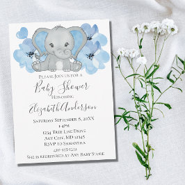 Invitación Flores Globo Aerostático Elefante Niño Azul Fiesta