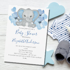 Invitación Flores Globo Aerostático Elefante Niño Azul Fiesta