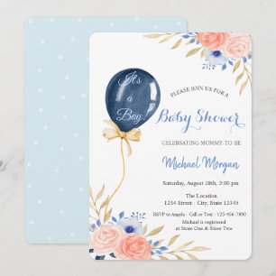 Invitación Flores Globo Azul con Lunares, Baby Shower