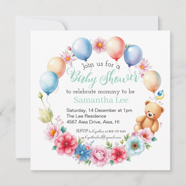 Invitación Flores, globos, ducha de bebé de oso de peluche (Anverso)