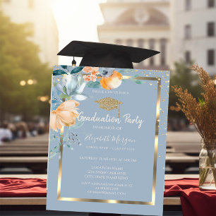 Invitación Flores Gorra de Graduación Dorada Polvo Azul Gradu