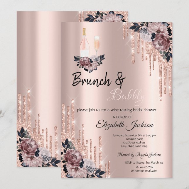 Invitación Flores, goteo Brunch & Bubbly Bridal Shower (Anverso / Reverso)