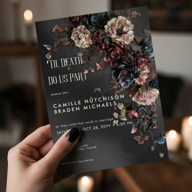 Invitación Flores góticas moradas y Boda húmedo negro (Subido por el creador)