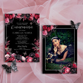 Invitación Flores góticas rojas y negras Moody Quinceañera