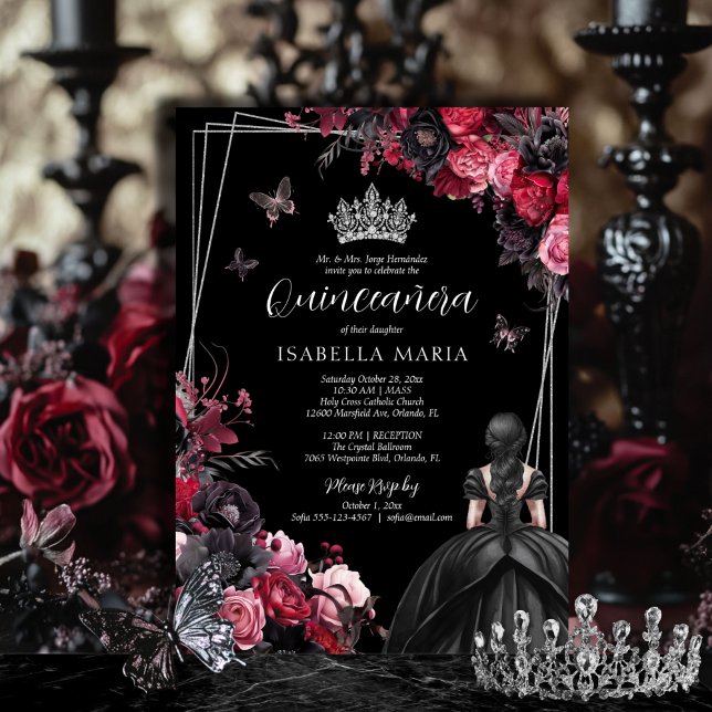Invitación Flores góticas rojas y negras Moody Quinceañera (Gothic quinceañera invitation with tiara, princess dress and pink, black and red florals.)