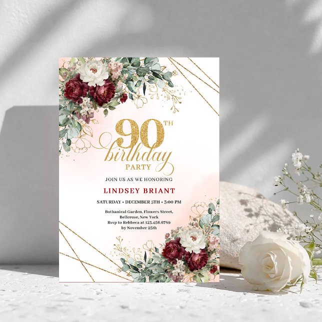 Invitación Flores Granate Sofisticadas Cumpleaños 90 Dorado (Sophisticated Maroon Flowers Gold 90th Birthday Invite)