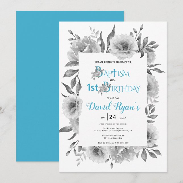 Invitación Flores grises niño bautizo y 1er cumpleaños azul (Anverso / Reverso)