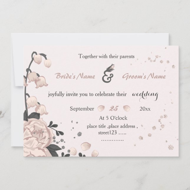 Invitación flores grises oscuras rosadas polvorientas boda in (Anverso)