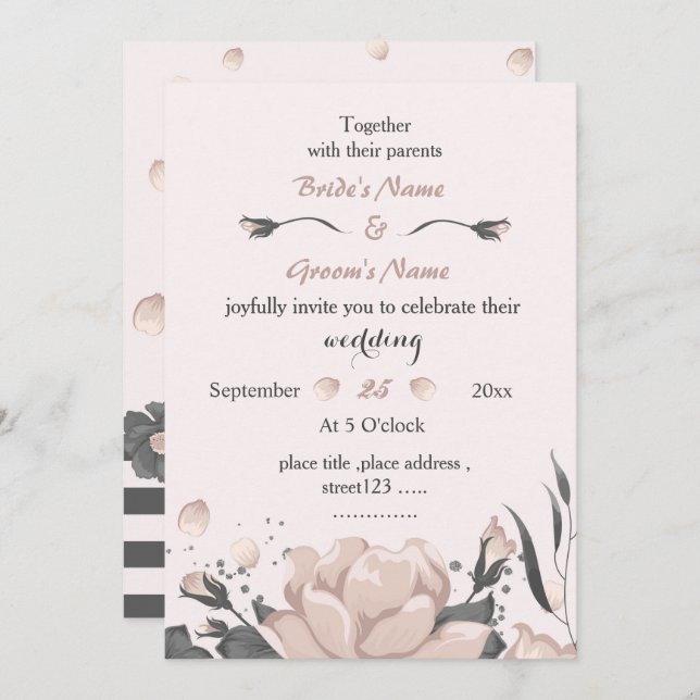 Invitación flores grises oscuras rosadas polvorientas boda in (Anverso / Reverso)