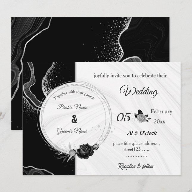 Invitación flores grises plateadas y negras boda botánica (Anverso / Reverso)