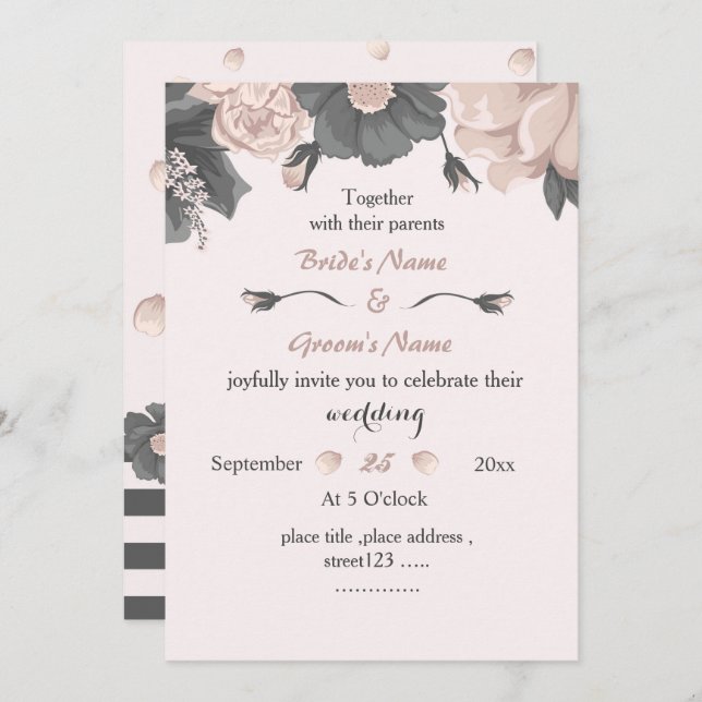 Invitación flores grises rosadas polvorientas boda increíble (Anverso / Reverso)