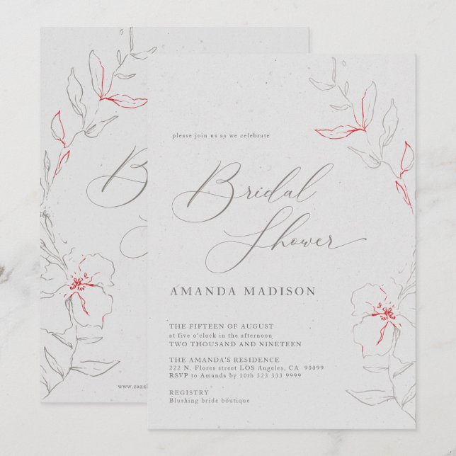Invitación Flores grises y rojas elegantes y simples Bridal S (Anverso / Reverso)