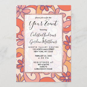 Invitación Flores Groovy Naranja Rosa Girly Retro