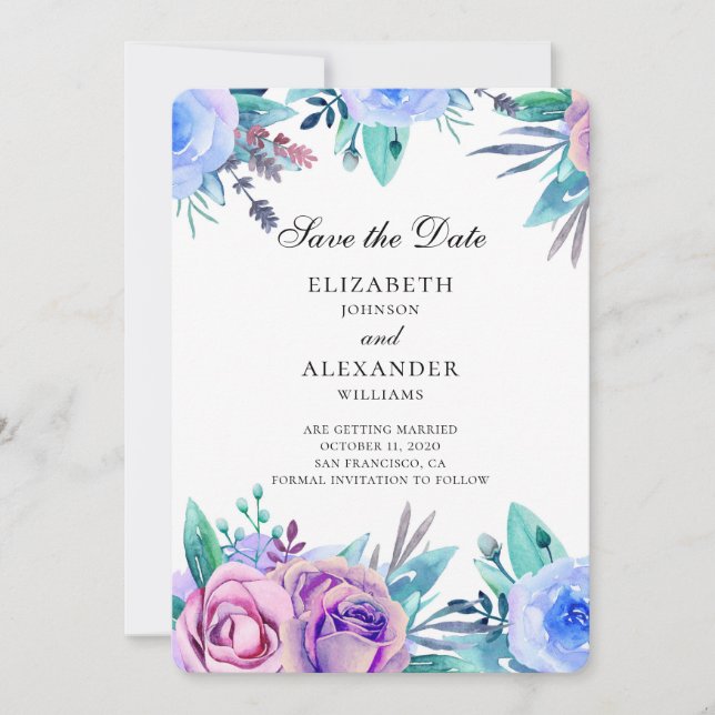 Invitación Flores guardan la fecha. Boda morada y azul (Anverso)