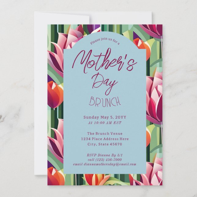 Invitación Flores Hermosas Brunch del Día de la Madre Azul (Anverso)