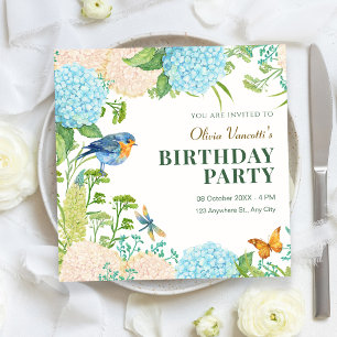 Invitación Flores Hortensia Pájaro Mariposa cumpleaños