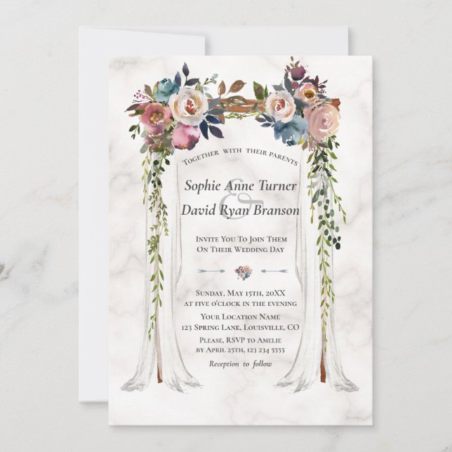 Invitación Flores húmedas y nubladas azul Canopy Marble Boda (Anverso)