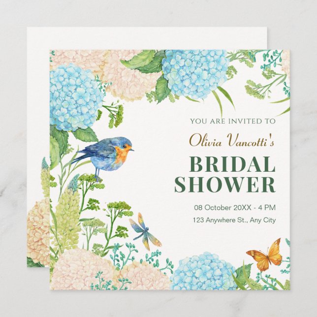 Invitación Flores Hydrangea Bird Mariposa ducha de novia (Anverso / Reverso)