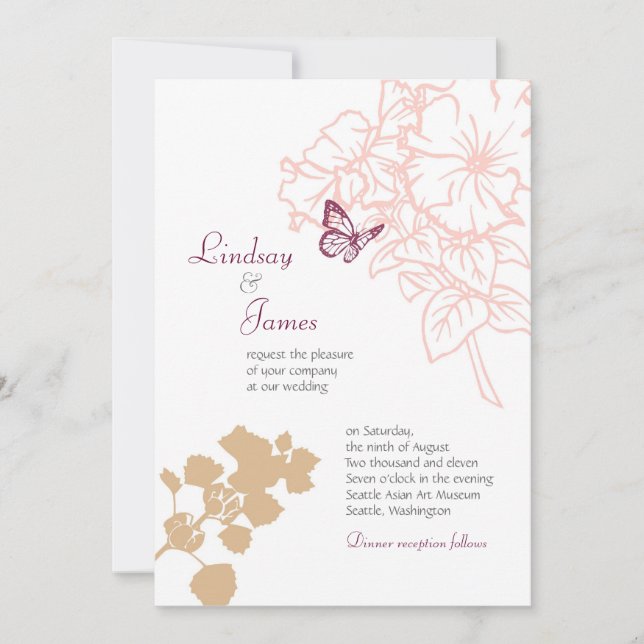 Invitación Flores ilustradas y mariposa casada en el jardín (Anverso)