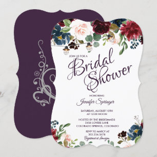 Invitación Flores inglesas de borgoña y azul ducha de novia