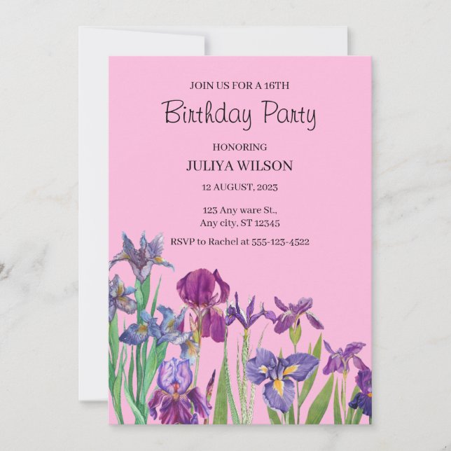 Invitación Flores Iris Fiesta de cumpleaños (Anverso)