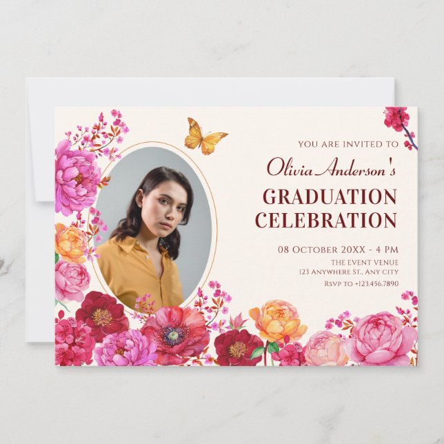 Invitación Flores jardín florecimiento primavera foto graduac (Anverso)