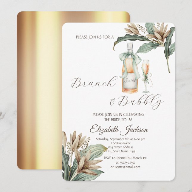 Invitación Flores Leaf Champagne Glass Gold Bridal Shower (Anverso / Reverso)