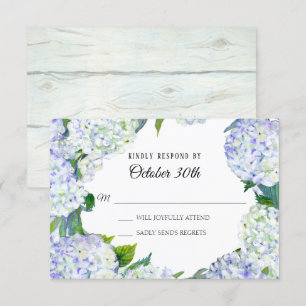 Invitación Flores Lila Blanco Hortensia con madera RSVP Boda