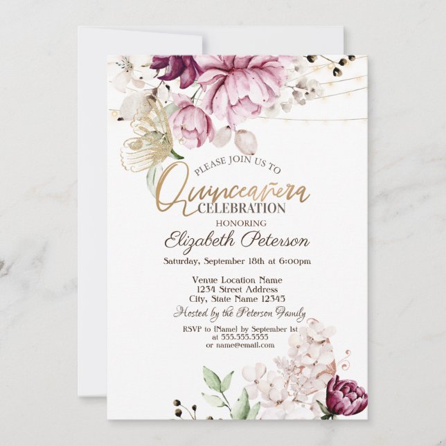 Invitación Flores Lilac Purpurina Butterflies Quinceañera (Anverso)
